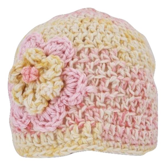 Women’s Homemade Hand Crocheted Pink & Yellow Flower Beanie Winter Hat - Picture 1 of 2